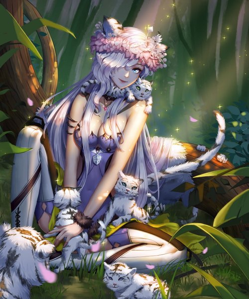 Anime picture 1500x1800 with original qi kou single long hair tall image looking at viewer fringe breasts blue eyes light erotic smile large breasts sitting bare shoulders green eyes animal ears silver hair bent knee (knees) tail head tilt