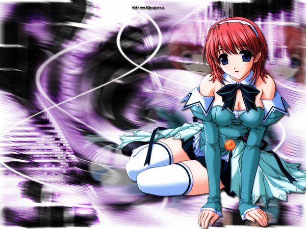 Anime picture 1024x768 with pia carrot short hair blue eyes bare shoulders absurdres cleavage red hair long sleeves pleated skirt waitress girl thighhighs skirt ribbon (ribbons) choker tiara lace
