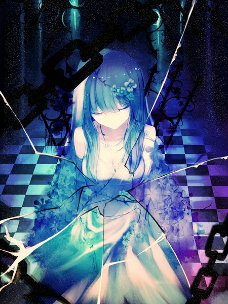 Anime picture 1200x1600 with original red flowers single long hair tall image fringe breasts blue hair cleavage indoors eyes closed from above blurry dark background hands behind back pale skin checkered floor floor broken glass crack