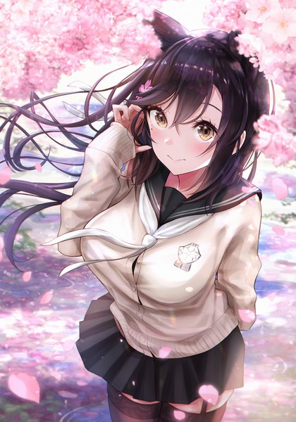 Anime-Bild 841x1200 mit azur lane atago (azur lane) pecolondon single long hair tall image looking at viewer blush fringe breasts black hair hair between eyes large breasts standing brown eyes animal ears payot outdoors long sleeves pleated skirt