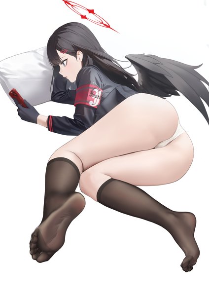 Anime-Bild 5845x8268 mit blue archive apple inc. ichika (blue archive) abab xiaxia single long hair tall image fringe highres blue eyes light erotic black hair simple background white background holding absurdres bent knee (knees) ass lying blunt bangs