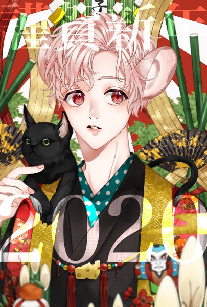 Anime picture 1181x1748 with original nazutaro single tall image short hair red eyes animal ears looking away silver hair upper body traditional clothes parted lips japanese clothes inscription hieroglyph new year 2020 animal on shoulder mouse ears zodiac