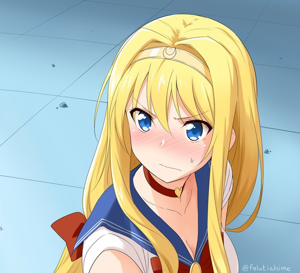 Anime picture 2200x2000 with sword art online bishoujo senshi sailor moon a-1 pictures toei animation tsukino usagi sailor moon alice zuberg felutiahime single long hair looking at viewer blush fringe highres blue eyes blonde hair hair between eyes signed payot indoors