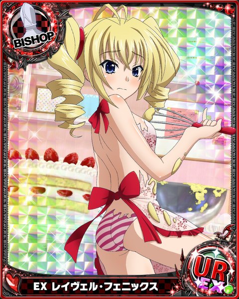 Anime picture 640x800 with highschool dxd ravel phenex single long hair tall image looking at viewer blush blue eyes light erotic blonde hair twintails torn clothes drill hair card (medium) cooking girl underwear panties sweets apron