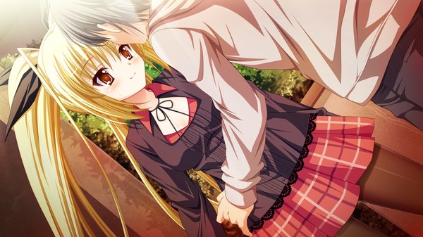 Anime picture 1280x720 with ren'ai kateikyoushi rurumi coordinate! (game) aratamabashi mana suzui narumi long hair blonde hair red eyes wide image twintails game cg girl boy serafuku