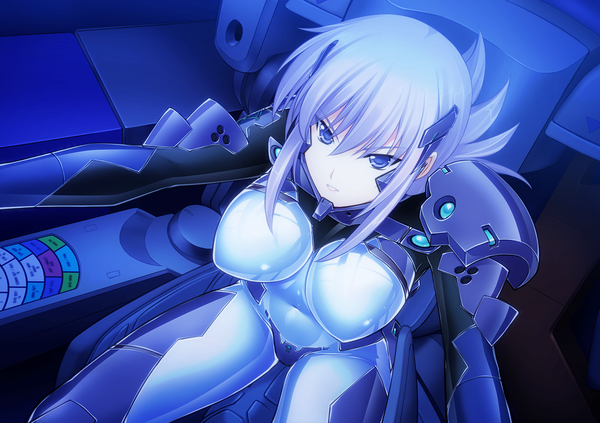 Anime picture 1280x903 with muv-luv alternative muvluv total eclipse muv-luv cryska barchenowa single looking at viewer fringe breasts blue eyes light erotic large breasts sitting from above covered navel serious girl bodysuit