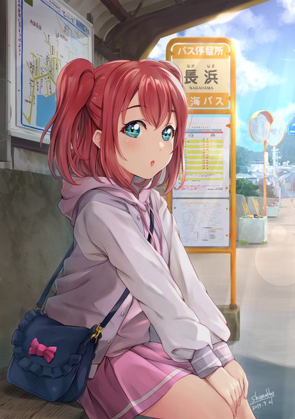 Anime picture 1275x1812 with love live! sunshine!! sunrise (studio) love live! kurosawa ruby shamakho single tall image looking at viewer blush short hair sitting signed outdoors red hair aqua eyes open jacket :o two side up dated girl