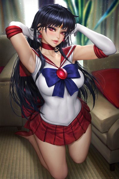 Anime picture 2400x3597 with bishoujo senshi sailor moon toei animation hino rei sailor mars nudtawut thongmai single long hair tall image looking at viewer blush fringe highres breasts black hair red eyes large breasts signed full body bent knee (knees) indoors