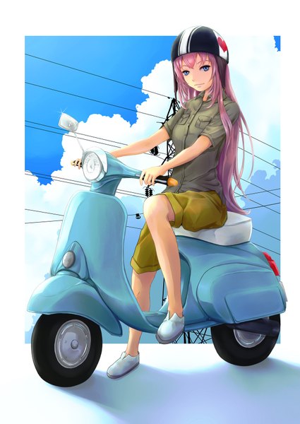 Anime picture 1254x1771 with vocaloid hatsune miku museum2088 single long hair tall image blue eyes twintails pink hair girl shoes shorts helmet motorcycle motorcycle helmet