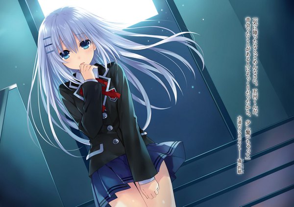 Anime picture 2896x2042 with date a live tobiichi origami tsunako single long hair looking at viewer highres blue eyes silver hair indoors pleated skirt official art text spoilers novel illustration girl skirt uniform hair ornament school uniform