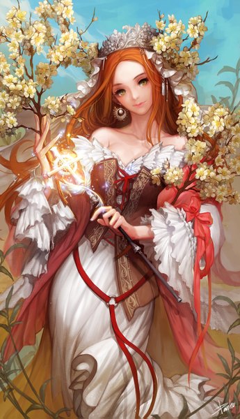 Anime picture 800x1391 with original danhu single long hair tall image looking at viewer breasts bare shoulders holding green eyes signed light smile orange hair wide sleeves glowing girl dress underwear flower (flowers) bow