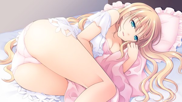 Anime picture 1280x720 with astraythem ginta long hair blue eyes light erotic blonde hair wide image game cg ass lying girl dress underwear panties