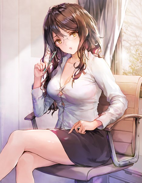 Anime picture 873x1120 with original 888myrrh888 single long hair tall image looking at viewer blush fringe breasts open mouth light erotic hair between eyes brown hair large breasts sitting holding yellow eyes cleavage bent knee (knees) indoors