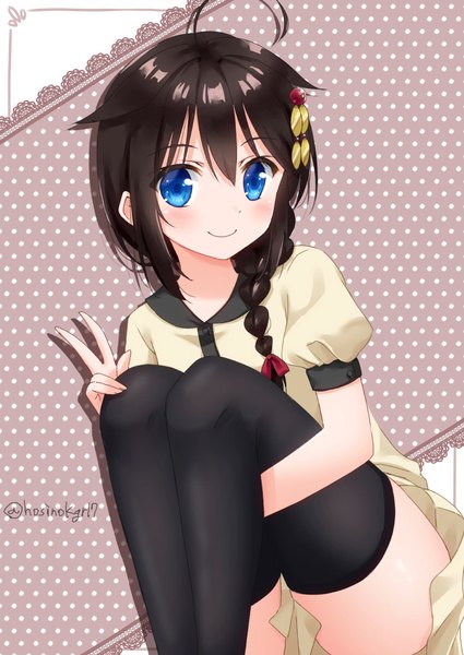 Anime picture 752x1062 with kantai collection shigure destroyer hoshino kagari single long hair tall image looking at viewer blush fringe blue eyes black hair smile hair between eyes sitting signed ahoge braid (braids) puffy sleeves twitter username single braid