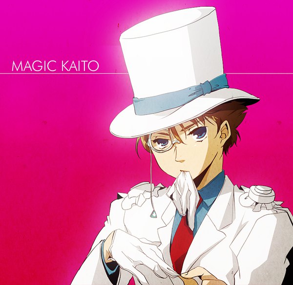 Anime picture 800x780 with magic kaito kaito kid kuroba kaito azuko (@zuco) single short hair blue eyes simple background brown hair holding upper body copyright name mouth hold pink background glove in mouth boy gloves white gloves top hat monocle