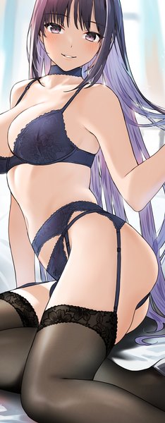 Anime picture 740x1900 with original doushimasho single long hair tall image looking at viewer blush fringe breasts light erotic smile large breasts sitting purple eyes bare shoulders purple hair ass blunt bangs parted lips multicolored hair