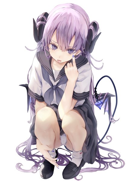 Anime picture 1523x2048 with original iijima masashi single tall image looking at viewer fringe light erotic simple background hair between eyes white background purple eyes purple hair bent knee (knees) tail very long hair nail polish head tilt horn (horns) fingernails short sleeves