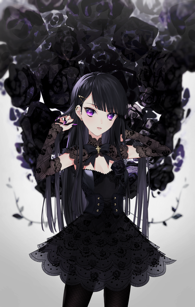 Anime picture 1400x2196 with original naomasap single long hair tall image looking at viewer blush fringe black hair simple background standing purple eyes nail polish parted lips fingernails arms up piercing floral print adjusting hair ear piercing