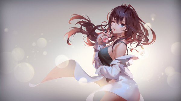 Anime picture 1920x1080 with idolmaster idolmaster cinderella girls ichinose shiki jofang single long hair looking at viewer blush fringe highres breasts open mouth blue eyes light erotic simple background hair between eyes brown hair wide image holding ahoge