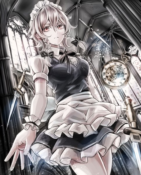 Anime picture 972x1200 with touhou izayoi sakuya jan (lightdragoon) single tall image looking at viewer fringe short hair hair between eyes red eyes standing indoors braid (braids) sunlight maid outstretched arm magic architecture partially colored girl