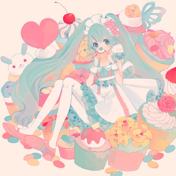 Anime picture 800x800 with vocaloid hatsune miku miri (cherryjelly) single looking at viewer sitting twintails full body very long hair aqua eyes aqua hair eating girl dress pantyhose food shoes headdress heart sweets