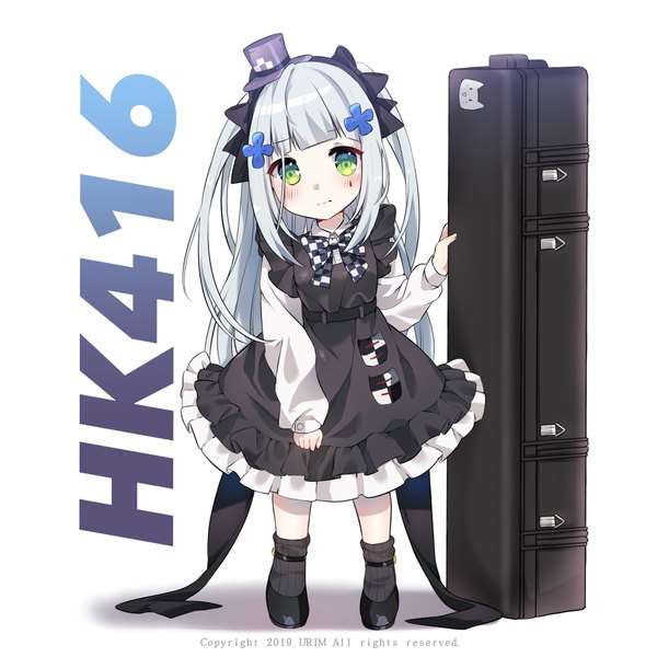 Anime picture 2048x2048 with girls frontline hk416 (girls frontline) hk416 (black kitty's gift) (girls frontline) urim (paintur) single long hair looking at viewer blush fringe highres simple background standing white background signed payot silver hair full body blunt bangs long sleeves head tilt