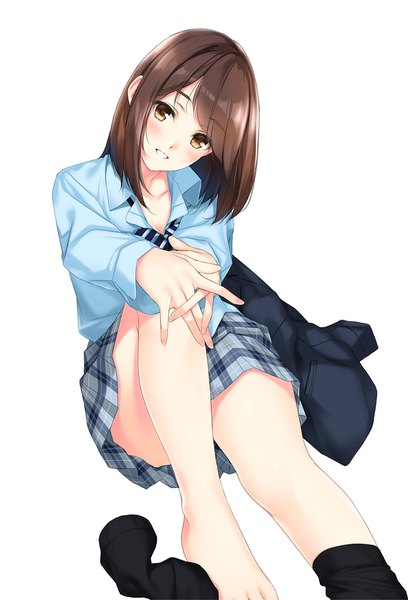 Anime picture 1056x1553 with original n69 single tall image looking at viewer blush fringe short hair simple background smile brown hair white background brown eyes long sleeves parted lips head tilt plaid skirt girl skirt uniform