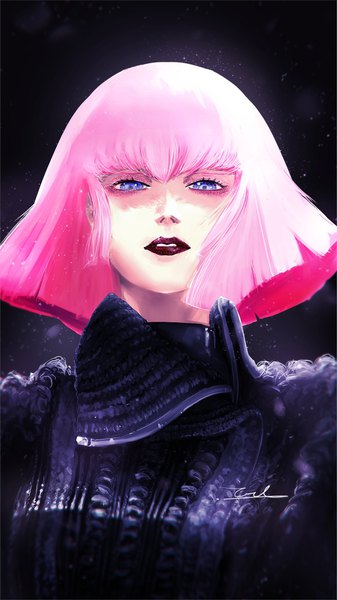 Anime picture 1365x2427 with mobile suit gundam gundam zz sunrise (studio) haman karn taka-f single tall image looking at viewer fringe short hair blue eyes simple background hair between eyes signed pink hair upper body lipstick black background red lipstick girl