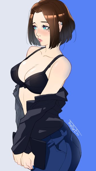 Anime picture 1300x2300 with samsung samsung sam thefarelo single tall image blush fringe short hair breasts blue eyes light erotic simple background brown hair large breasts bare shoulders signed looking away cleavage nail polish fingernails