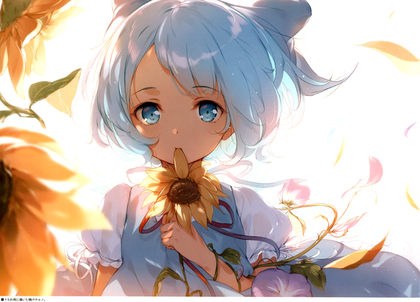 Anime picture 4820x3466 with touhou cirno tanned cirno ke-ta single looking at viewer fringe highres short hair blue eyes white background blue hair absurdres upper body wind scan puffy sleeves text tan girl