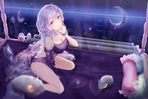 Anime picture 1484x1000 with original futoshi ame single long hair looking at viewer breasts light erotic smile large breasts sitting purple eyes bare shoulders cleavage silver hair ahoge bent knee (knees) from above mole bare legs mole under eye