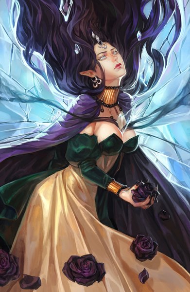 Anime picture 600x920 with bishoujo senshi sailor moon toei animation queen nehelenia noa ikeda single long hair tall image breasts purple hair lips pointy ears lipstick looking up red lipstick silver eyes girl dress flower (flowers) earrings rose (roses)