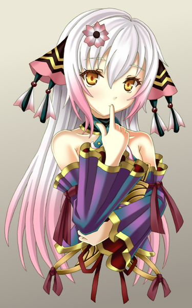 Anime picture 800x1280 with ar nosurge nelo (surge concerto) amou yuu single long hair tall image fringe simple background hair between eyes pink hair silver hair upper body multicolored hair hair flower grey background two-tone hair finger to mouth gradient hair girl hair ornament