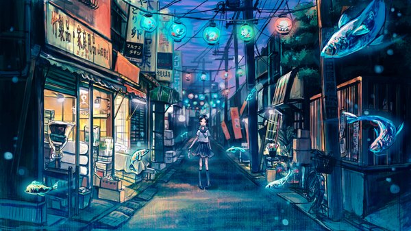 Anime picture 1664x936 with original meme (pixiv287090) long hair blue eyes black hair wide image city street girl skirt socks serafuku black socks bubble (bubbles) fish (fishes) ground vehicle lantern wire (wires) bicycle shop