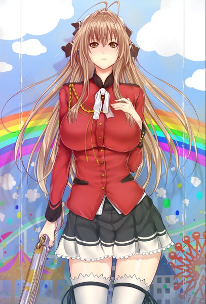 Anime picture 1698x2500 with amagi brilliant park kyoto animation sento isuzu zucchini single long hair tall image looking at viewer brown hair brown eyes girl thighhighs skirt weapon white thighhighs gun suit rainbow musket