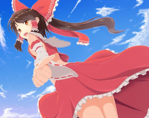 Anime picture 1200x951 with touhou hakurei reimu momo no kanzume single long hair open mouth black hair red eyes looking back miko girl skirt bow hair bow detached sleeves skirt set