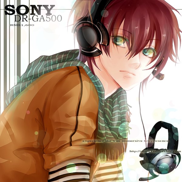 Anime picture 1427x1428 with original sony instockee single short hair red hair aqua eyes boy headphones scarf