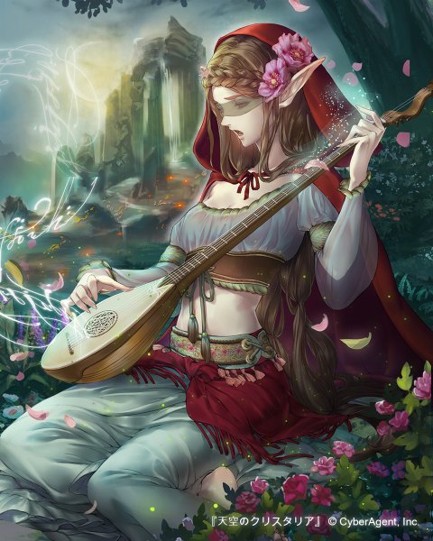 Anime picture 960x1200 with original esha single long hair tall image open mouth brown hair brown eyes hair flower pointy ears playing instrument girl dress hair ornament flower (flowers) plant (plants) petals tree (trees) musical instrument pipa (instrument)