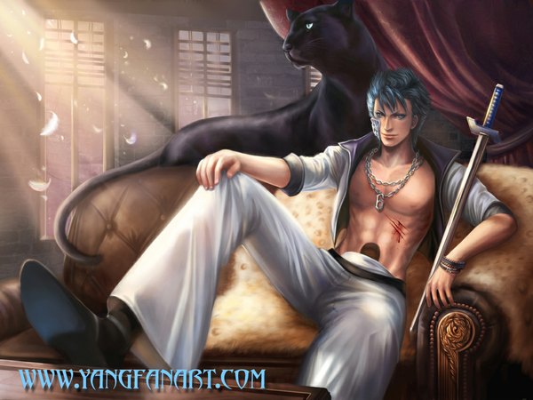 Anime picture 1133x850 with bleach studio pierrot grimmjow jeagerjaques jiuge short hair blue eyes smile sitting blue hair realistic open clothes open jacket evening sunset abs injury espada cuts boy animal