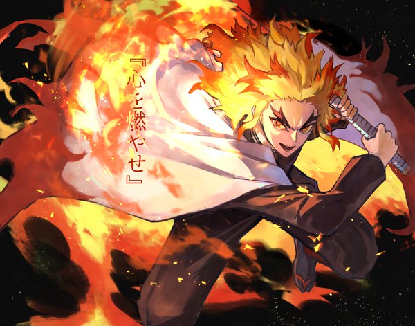 Anime picture 3761x2954 with kimetsu no yaiba ufotable rengoku kyoujurou karasuro single long hair looking at viewer highres open mouth blonde hair red eyes absurdres :d multicolored hair two-tone hair text eyebrows boy uniform weapon