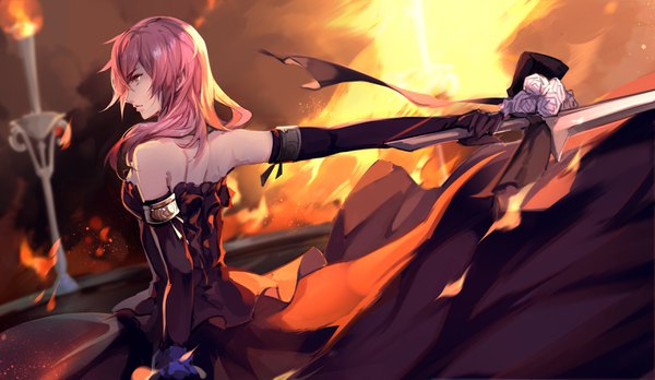 Anime picture 3500x2031 with final fantasy final fantasy xiii lightning returns: final fantasy xiii square enix lightning farron kumako (pixiv4171671) single long hair fringe highres breasts hair between eyes wide image holding looking away pink hair absurdres profile lips serious