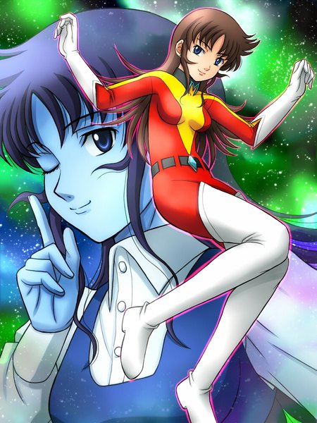 Anime picture 750x1000 with ufo robo grendizer maria grace fleed fujii satoshi long hair tall image looking at viewer breasts blue eyes smile brown hair looking away full body bent knee (knees) one eye closed wink high heels finger to mouth spread arms multiview space