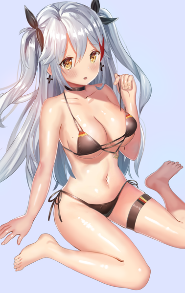 Anime picture 699x1110 with azur lane prinz eugen (azur lane) prinz eugen (unfading smile) (azur lane) ame sagari single long hair tall image looking at viewer blush fringe breasts open mouth light erotic simple background hair between eyes large breasts sitting yellow eyes bent knee (knees) multicolored hair
