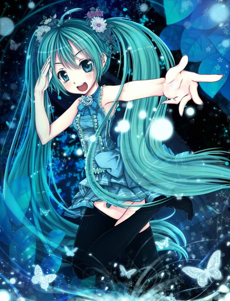 Anime picture 1500x1956 with vocaloid hatsune miku wait (artist) single long hair tall image open mouth twintails bare shoulders hair flower aqua eyes aqua hair loli girl thighhighs hair ornament black thighhighs insect butterfly