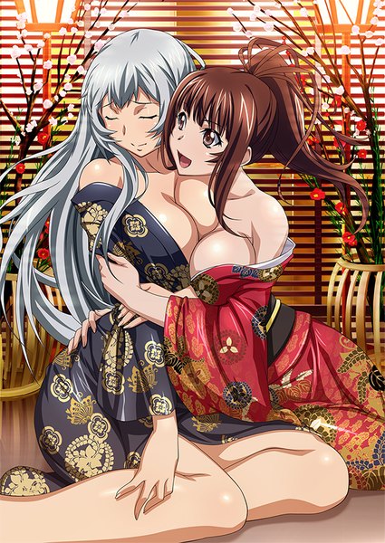 Anime picture 600x847 with ikkitousen chouun shiryuu yagyu mitsuyoshi long hair tall image breasts open mouth light erotic brown hair multiple girls brown eyes cleavage silver hair ponytail eyes closed traditional clothes japanese clothes girl flower (flowers) 2 girls