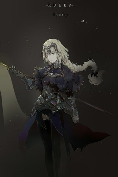 Anime picture 640x960 with fate (series) fate/apocrypha jeanne d'arc (fate) (all) jeanne d'arc (fate) impimo single long hair tall image blonde hair simple background purple eyes signed looking away braid (braids) wind character names single braid black background girl thighhighs