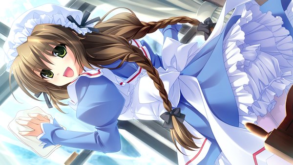 Anime picture 2048x1152 with midori no umi yukie (peach candy) long hair highres open mouth brown hair wide image green eyes game cg braid (braids) maid girl
