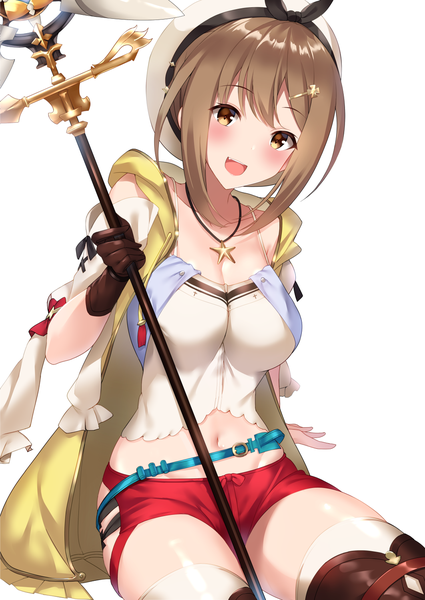 Anime picture 1062x1500 with atelier (series) atelier ryza gust (company) reisalin stout caburi cat single tall image looking at viewer blush fringe short hair breasts open mouth light erotic simple background smile brown hair large breasts white background sitting