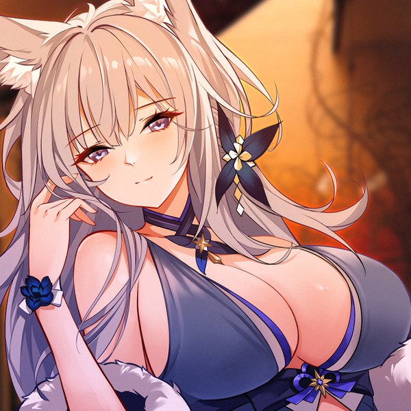 Anime picture 2688x2688 with azur lane shinano (azur lane) shinano (light of the hazy moon) (azur lane) rabe26k single long hair looking at viewer fringe highres breasts light erotic hair between eyes large breasts animal ears upper body light smile grey hair fox ears fox girl portrait