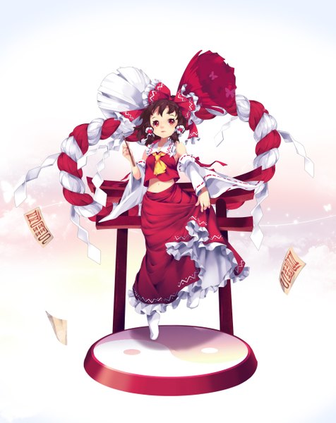 Anime picture 1017x1282 with touhou hakurei reimu mahz (artist) single tall image blush short hair red eyes brown hair traditional clothes bare belly miko girl skirt navel bow hair bow detached sleeves socks white socks